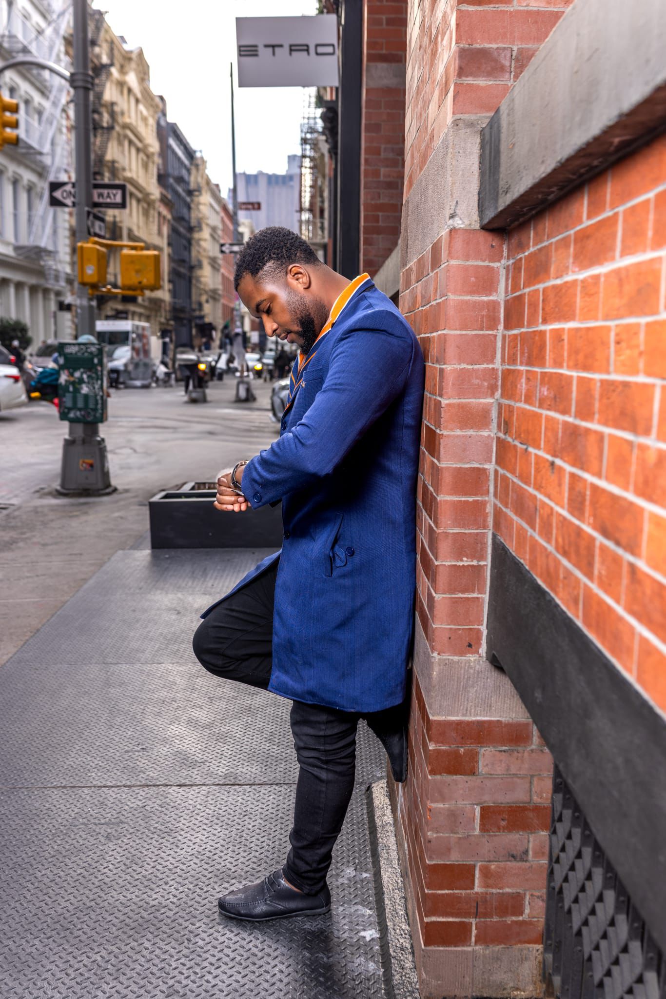Three-Quarter-Length Azure Blue Coat with Contrasting Notched Lapel