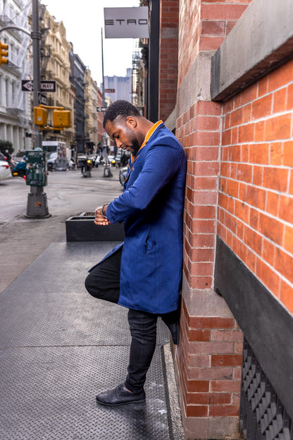 Three-Quarter-Length Azure Blue Coat with Contrasting Notched Lapel