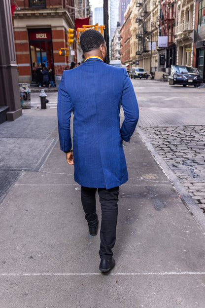 Three-Quarter-Length Azure Blue Coat with Contrasting Notched Lapel